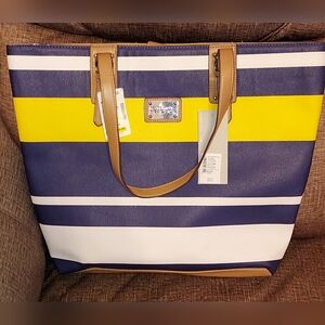 New Kenneth Cole Reaction Bold Striped Tote in Navy, Yellow, and White